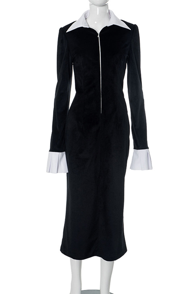 Elegante vestido de falda de un solo paso con cuello vuelto y cremallera en contraste