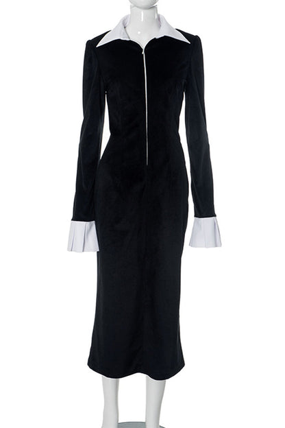 Elegante vestido de falda de un solo paso con cuello vuelto y cremallera en contraste