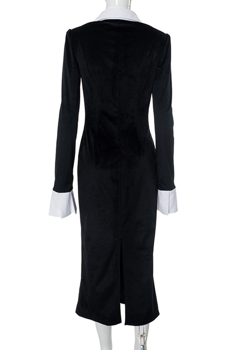 Elegante vestido de falda de un solo paso con cuello vuelto y cremallera en contraste