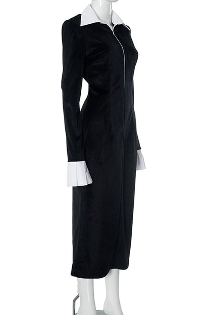 Elegante vestido de falda de un solo paso con cuello vuelto y cremallera en contraste