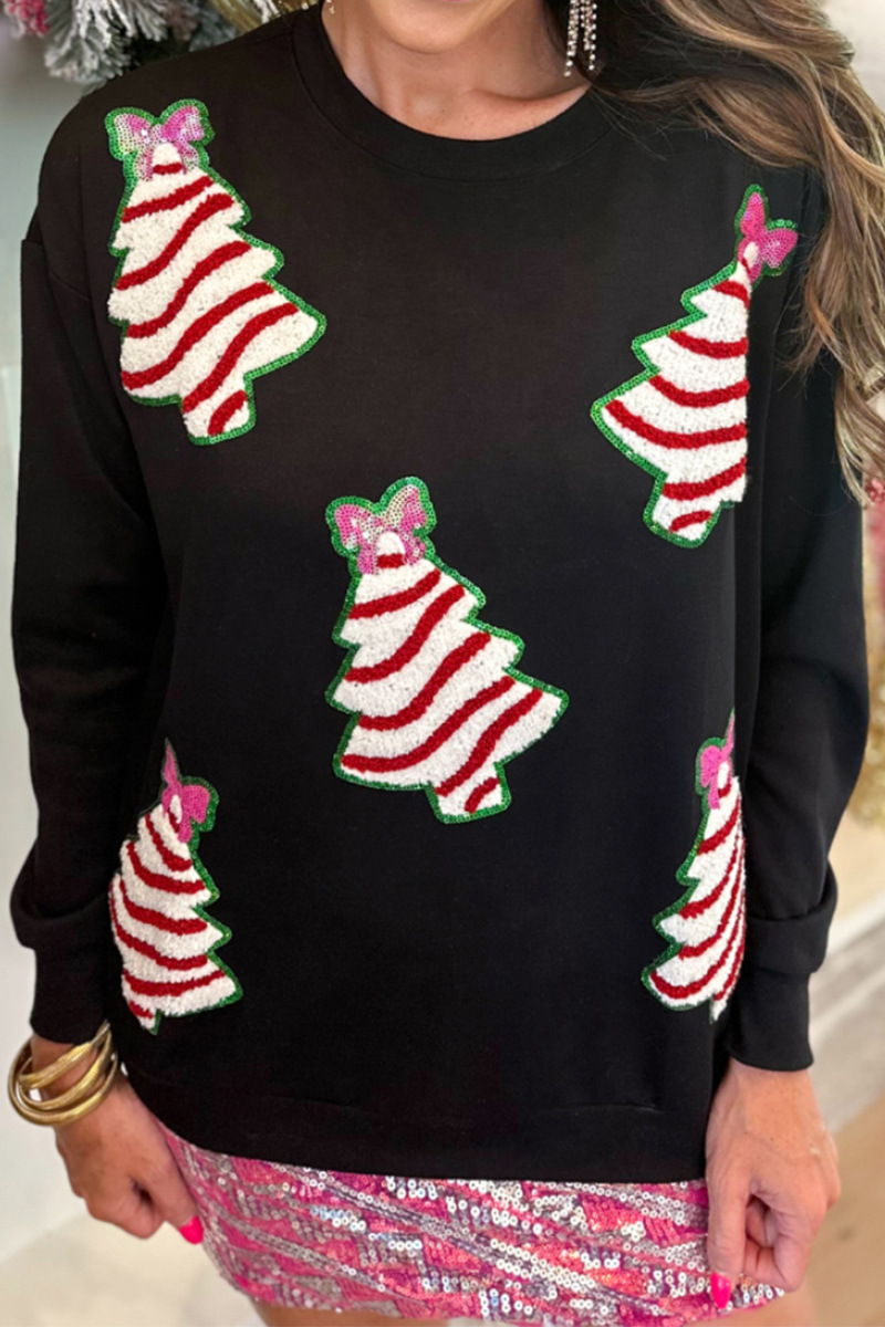 Sudadera informal con cuello redondo y lentejuelas de árbol de Navidad