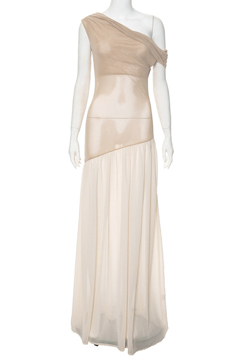 Vestidos largos sexis con cuello oblicuo irregular y transparente de patchwork