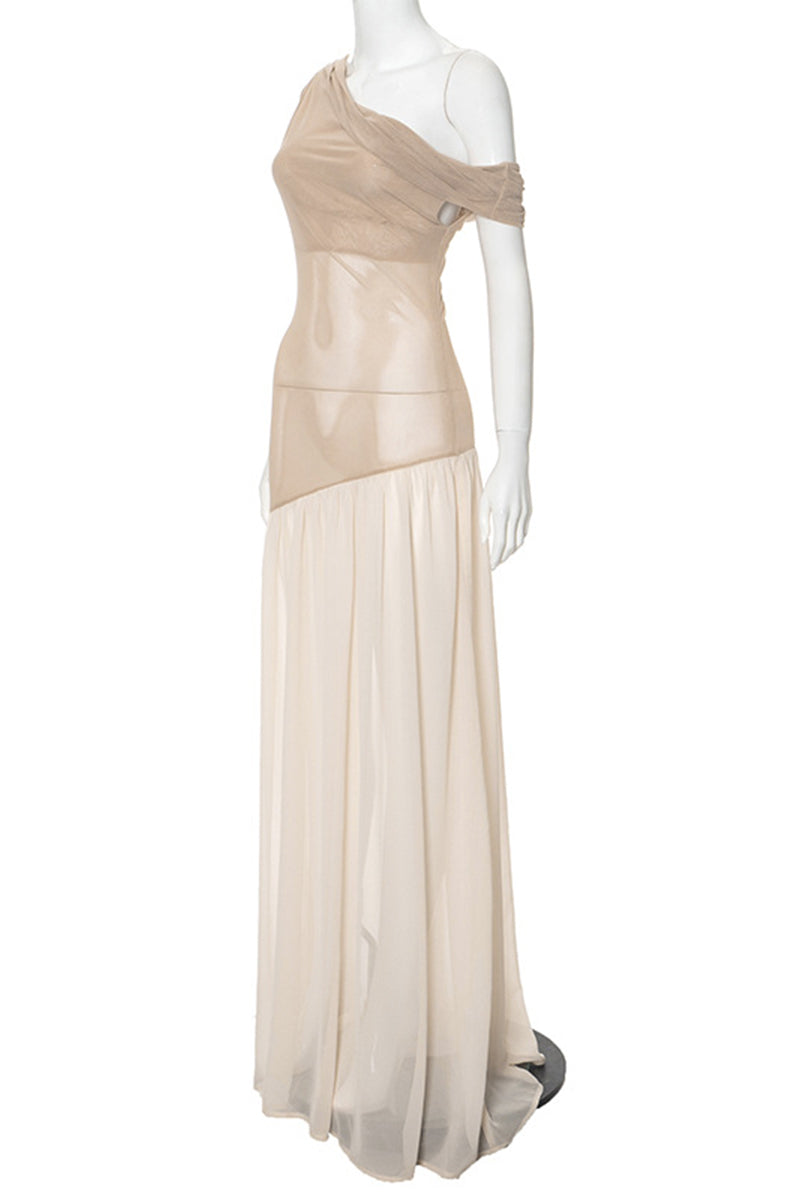 Vestidos largos sexis con cuello oblicuo irregular y transparente de patchwork