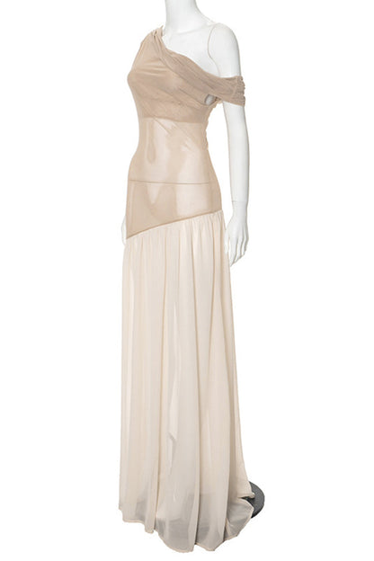Vestidos largos sexis con cuello oblicuo irregular y transparente de patchwork