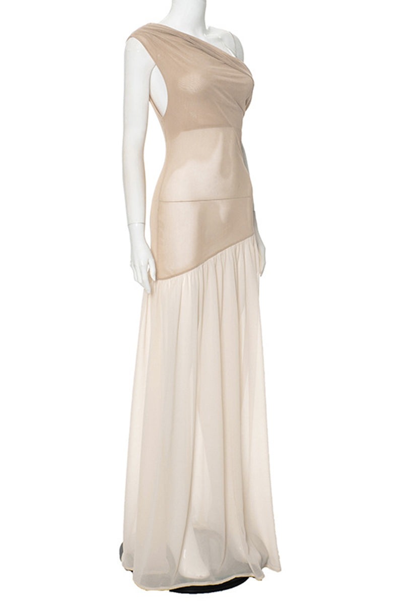 Vestidos largos sexis con cuello oblicuo irregular y transparente de patchwork