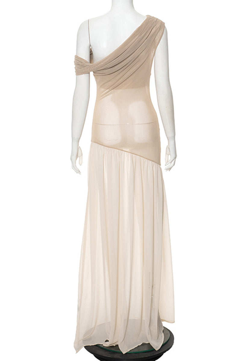 Vestidos largos sexis con cuello oblicuo irregular y transparente de patchwork