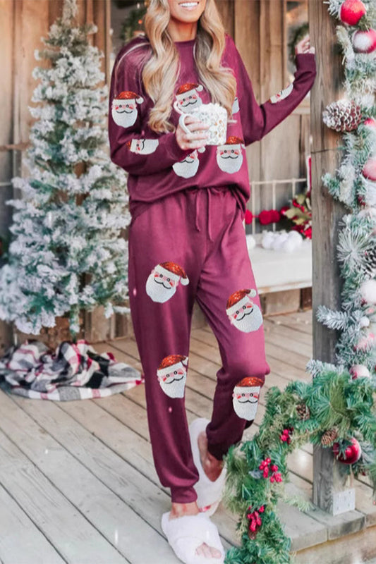 Conjunto informal de dos piezas con cuello redondo, manga larga y lentejuelas de Papá Noel para fiesta (3 colores)