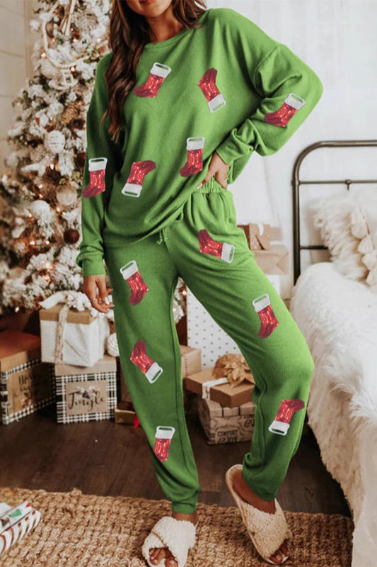 Conjunto informal de dos piezas con cuello redondo, manga larga y lentejuelas de Papá Noel para fiesta (3 colores)