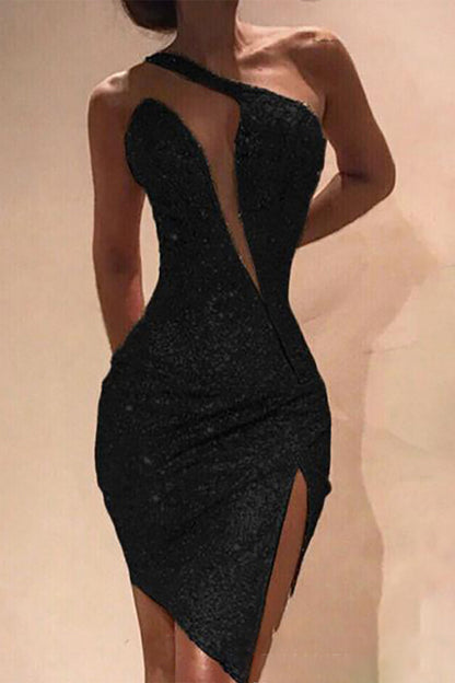 Vestido de fiesta sexy con abertura y lentejuelas irregulares, falda cruzada de un solo hombro (3 colores)