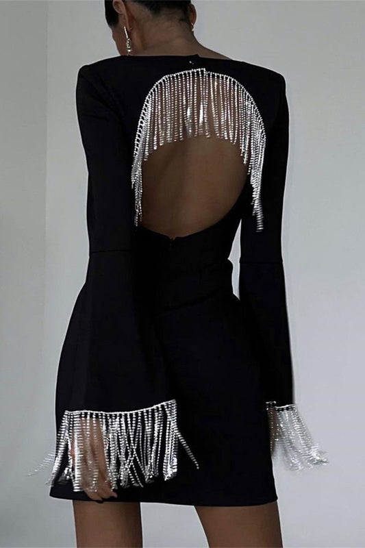 Vestidos sexis de manga larga con escote cuadrado, espalda descubierta y ribete de flecos y patchwork