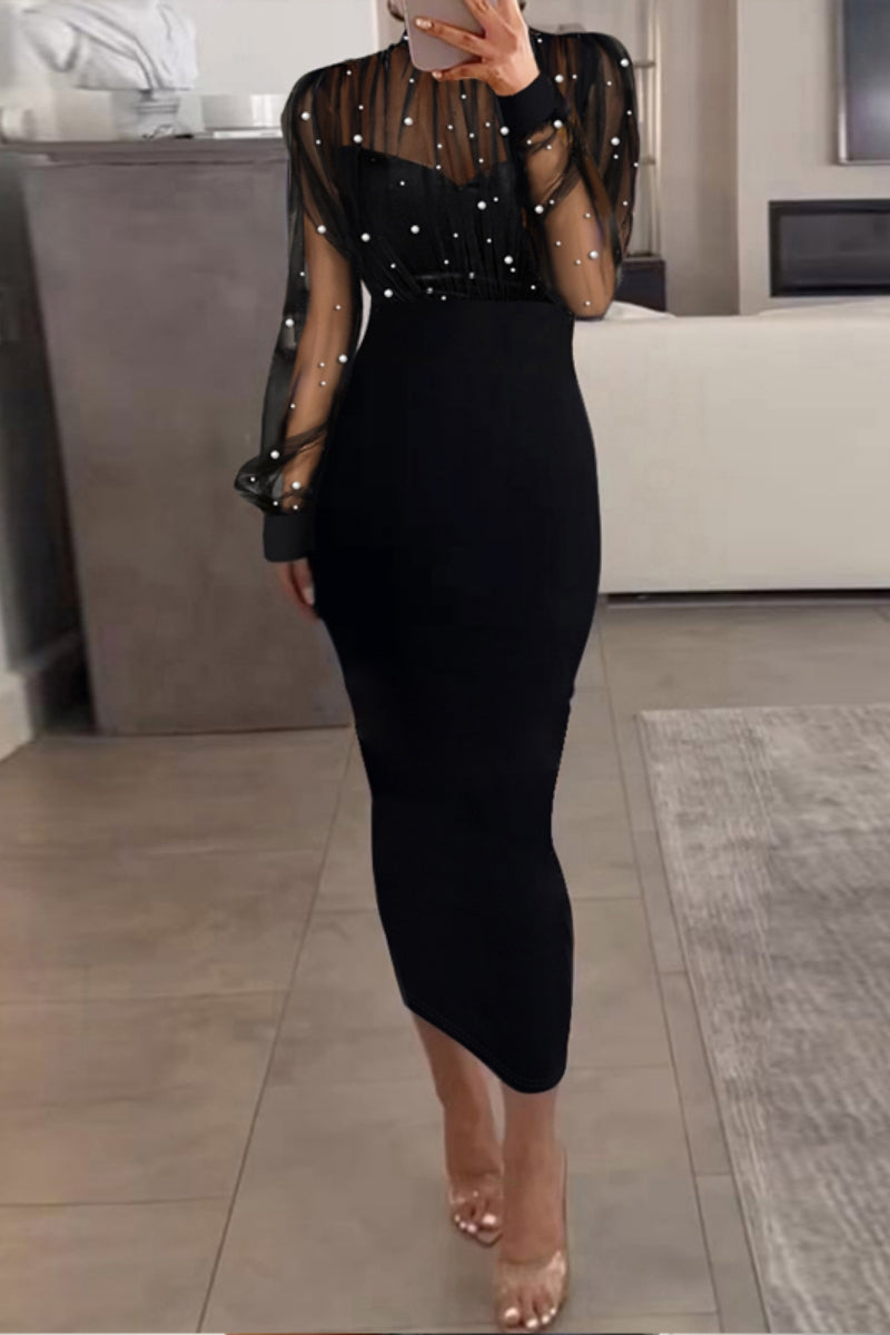 Vestido sexy elegante de manga larga con cuello alto y cuentas transparentes de patchwork