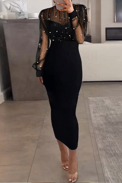 Vestido sexy elegante de manga larga con cuello alto y cuentas transparentes de patchwork