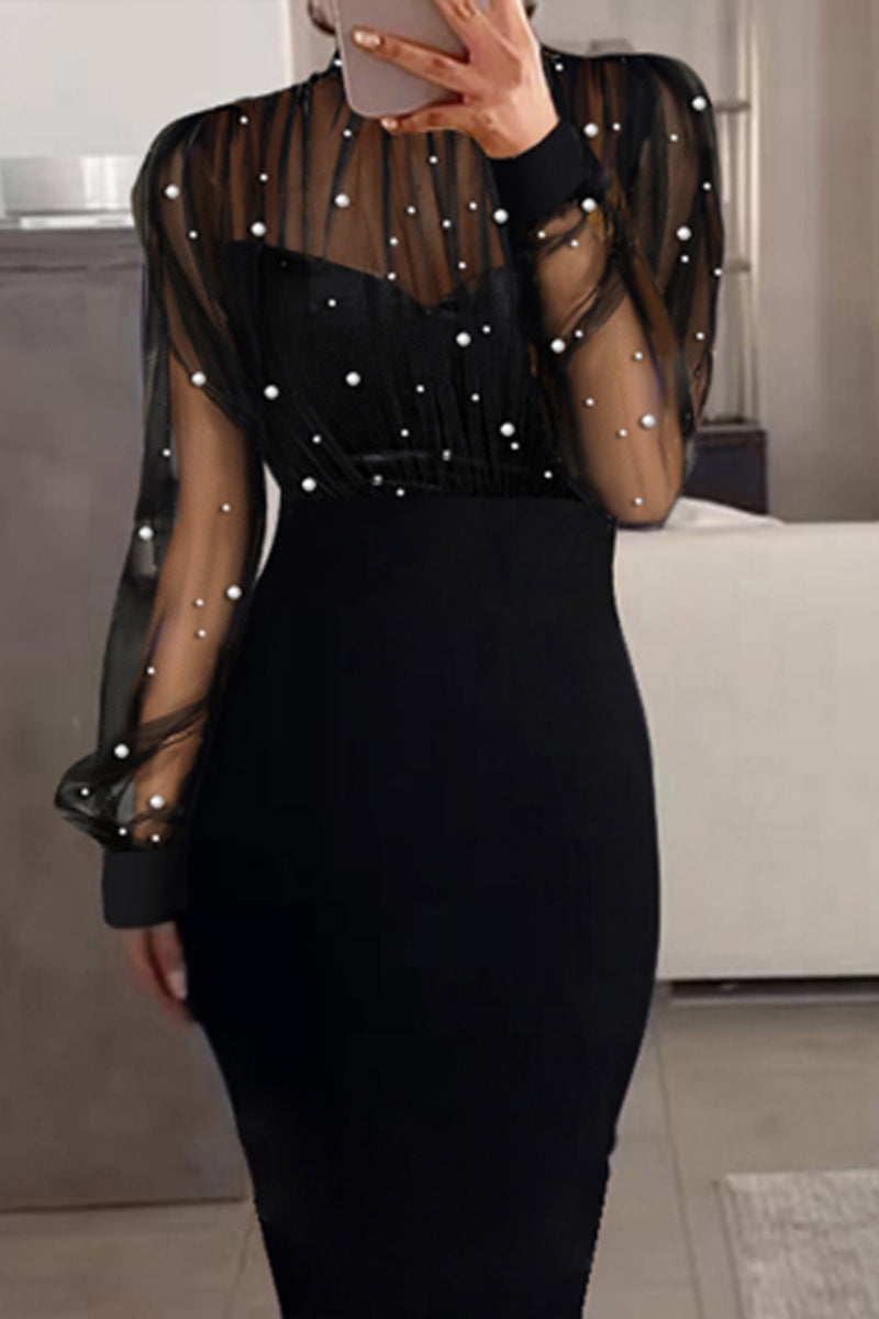 Vestido sexy elegante de manga larga con cuello alto y cuentas transparentes de patchwork