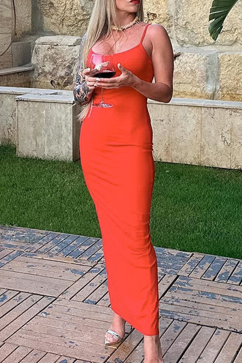 Vestidos sexis de tirantes con escote en U y abertura en color sólido