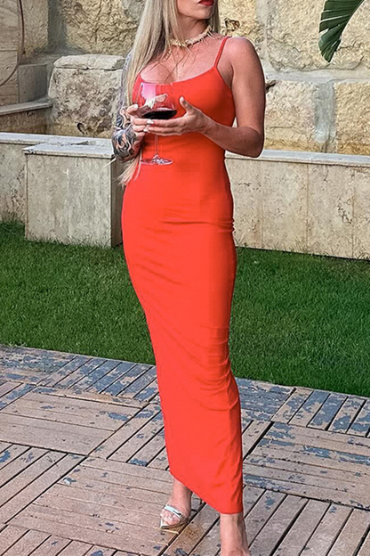 Vestidos sexis de tirantes con escote en U y abertura en color sólido