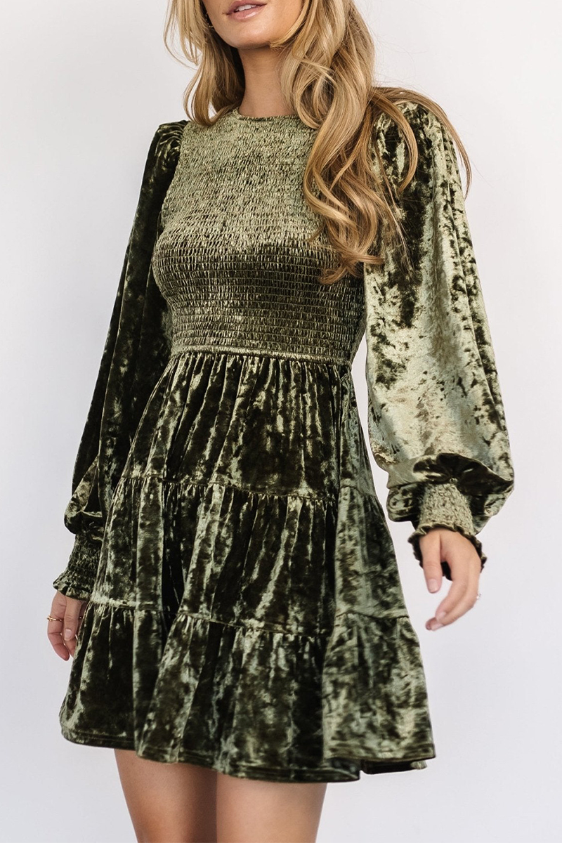Vestidos casuales de terciopelo con volantes y cuello redondo, corte A (4 colores)