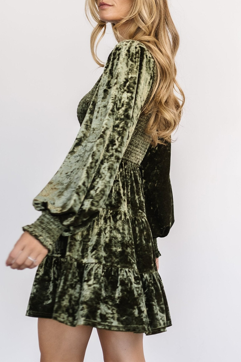 Vestidos casuales de terciopelo con volantes y cuello redondo, corte A (4 colores)