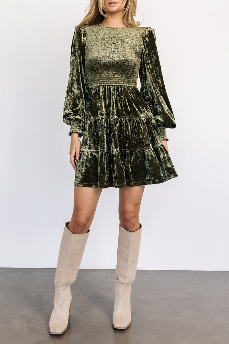 Vestidos casuales de terciopelo con volantes y cuello redondo, corte A (4 colores)