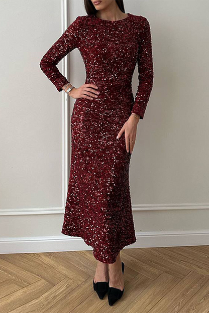 Elegante vestido de corte A con escote redondo y lentejuelas y cuentas (4 colores)