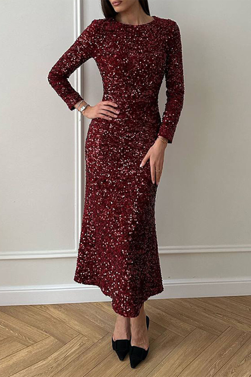 Elegante vestido de corte A con escote redondo y lentejuelas y cuentas (4 colores)