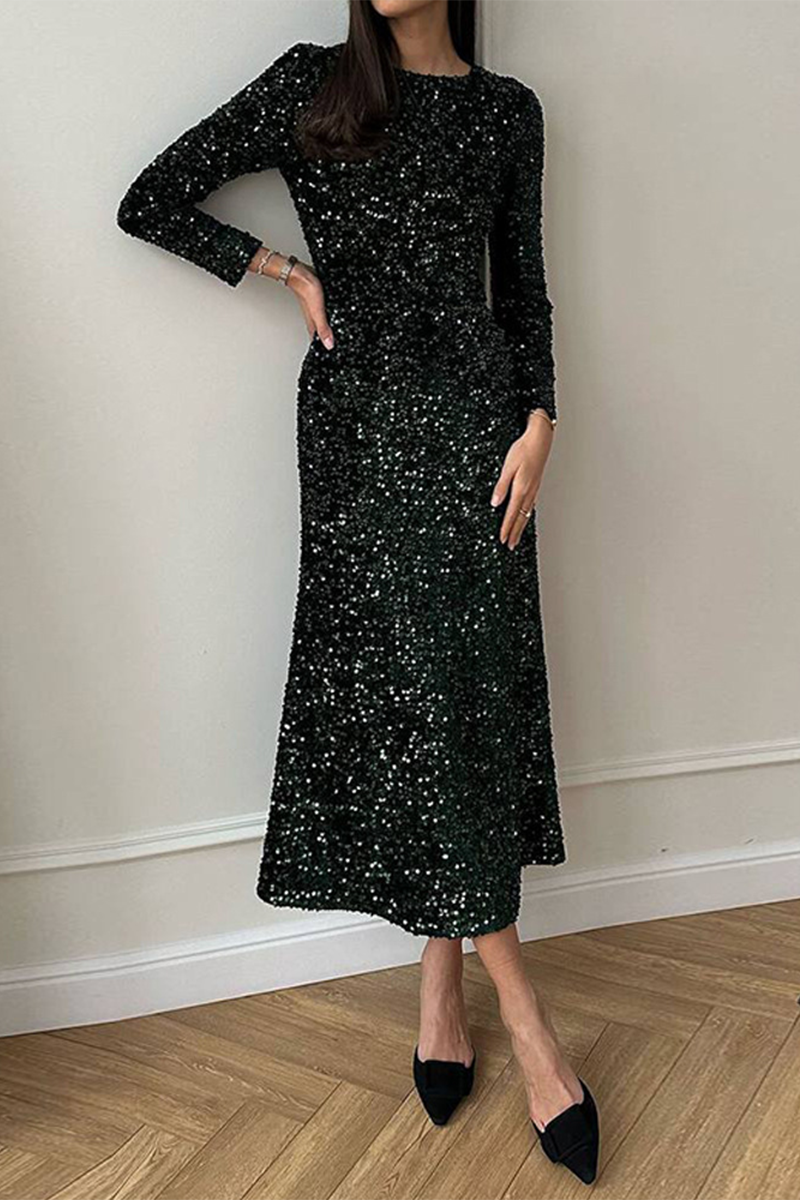 Elegante vestido de corte A con escote redondo y lentejuelas y cuentas (4 colores)