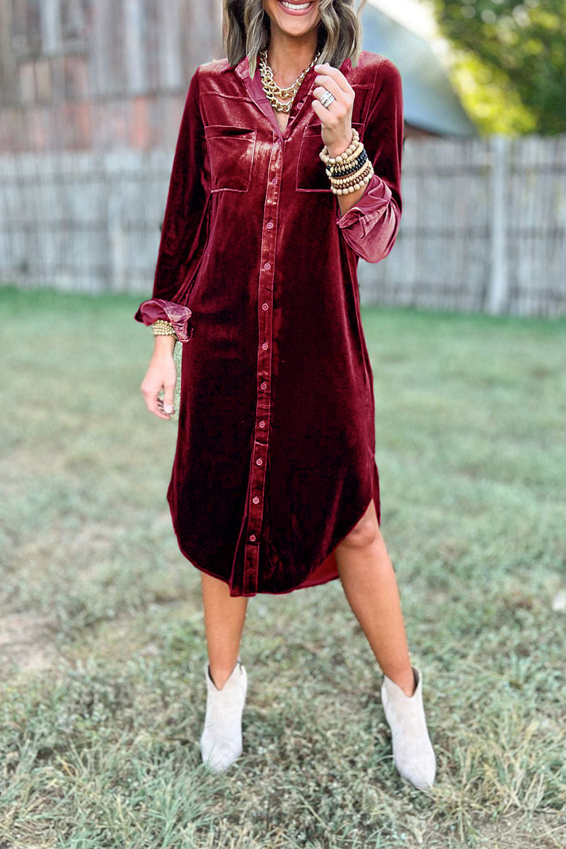 Vestido camisero informal con cuello vuelto y hebilla de bolsillo (3 colores)