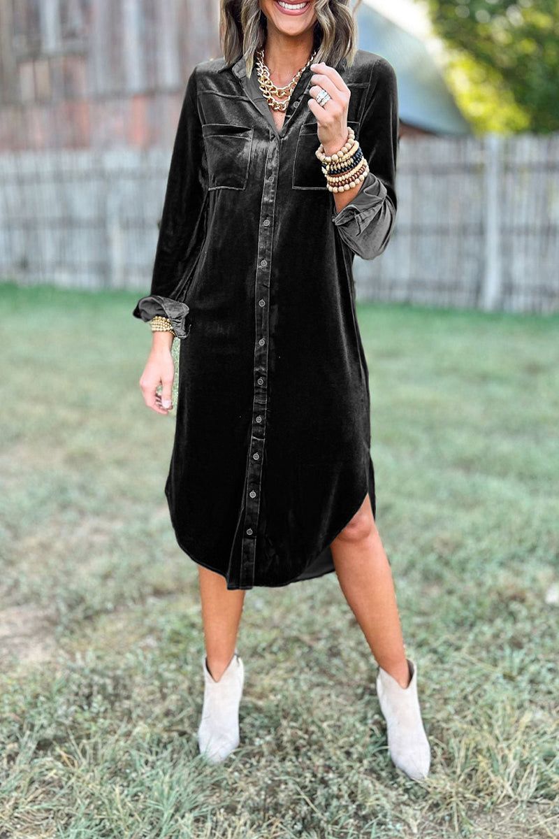 Vestido camisero informal con cuello vuelto y hebilla de bolsillo (3 colores)