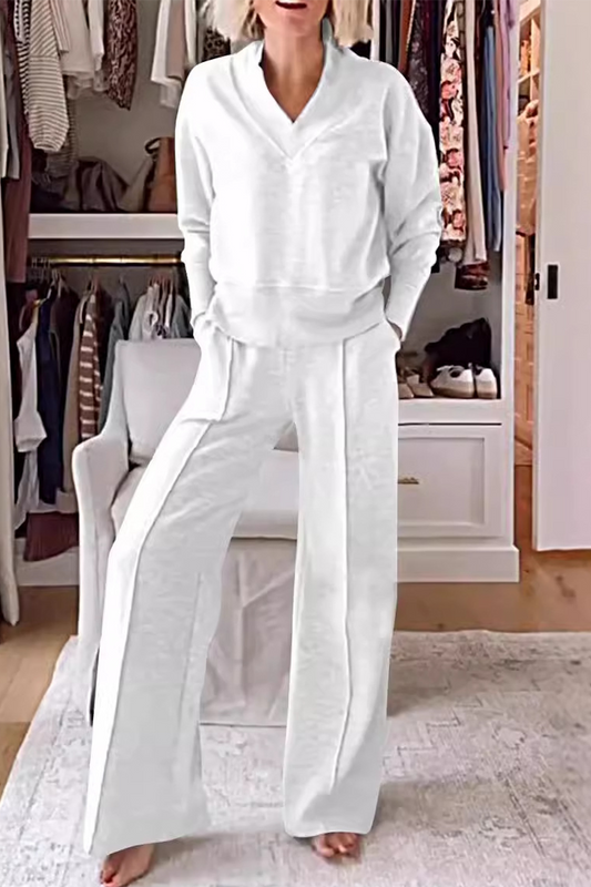 Conjunto informal de dos piezas con cuello en V, manga larga y bolsillo (7 colores)