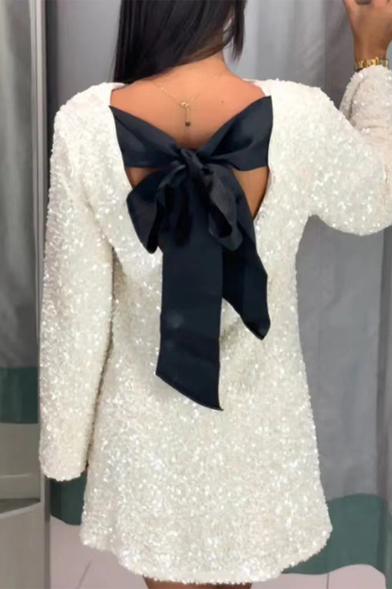 Vestidos sexis de lentejuelas con cordones, espalda descubierta y cuello redondo, corte A