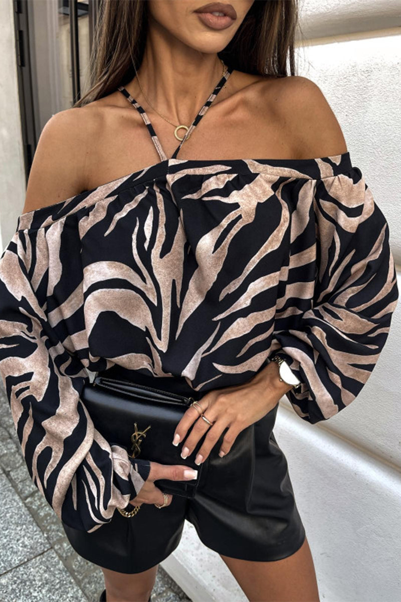 Blusas sexys con cuello halter, encaje y estampado de cebra y leopardo