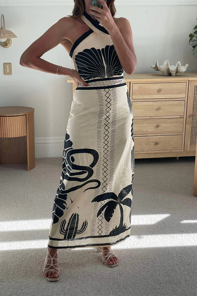 Vestidos sexys de vacaciones con estampado floral en contraste, falda de un solo paso y cuello halter