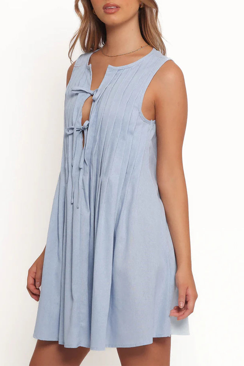 Vestidos casuales de diario con encaje, plisados y cuello redondo (4 colores)