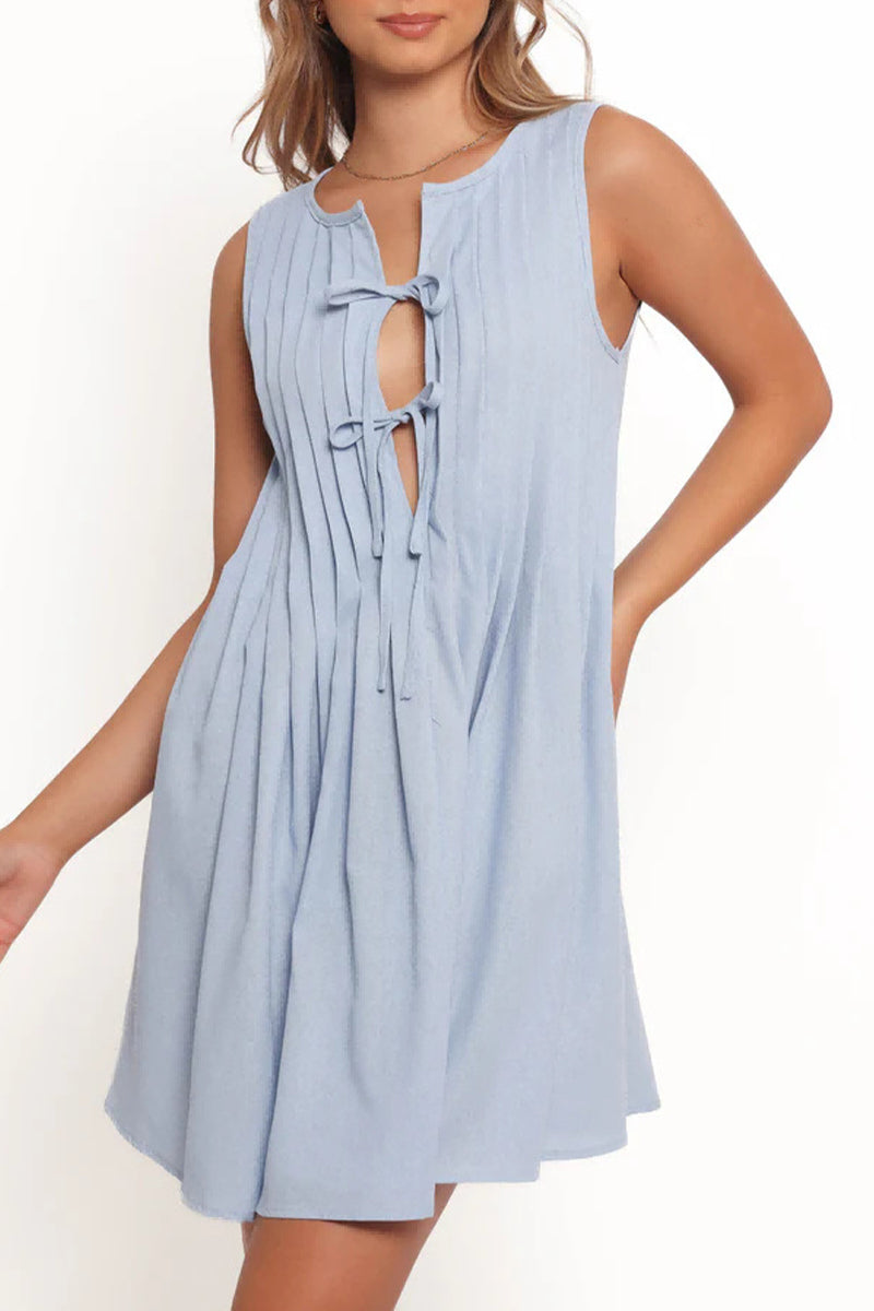 Vestidos casuales de diario con encaje, plisados y cuello redondo (4 colores)