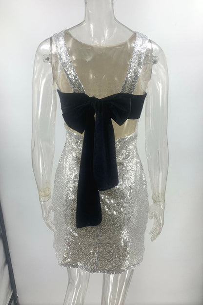 Vestidos sexis de lentejuelas con encaje, espalda descubierta y cuello redondo con falda cruzada