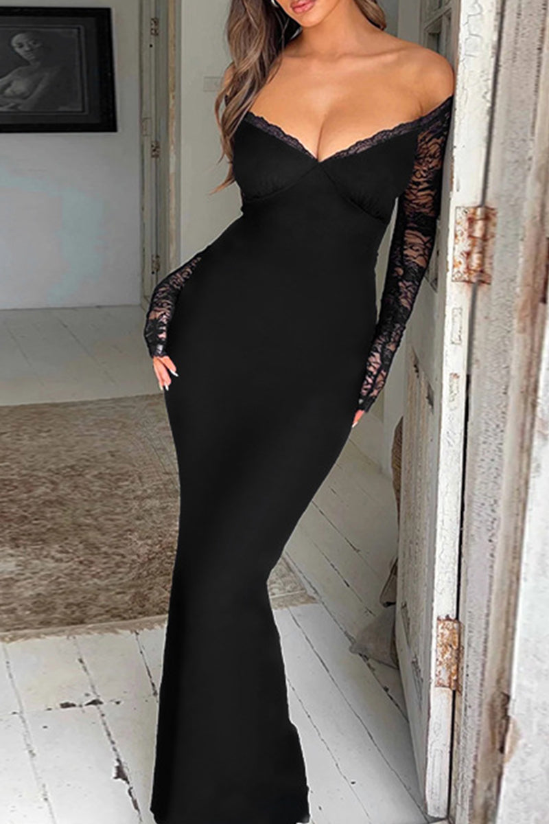 Elegantes vestidos largos con hombros descubiertos y espalda descubierta con patchwork de encaje