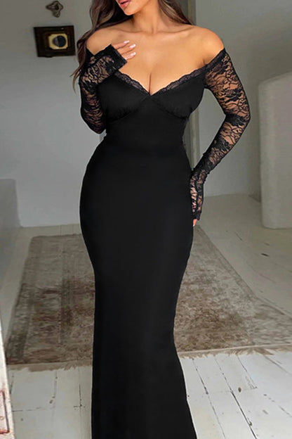 Elegantes vestidos largos con hombros descubiertos y espalda descubierta con patchwork de encaje