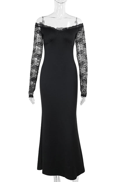 Elegantes vestidos largos con hombros descubiertos y espalda descubierta con patchwork de encaje