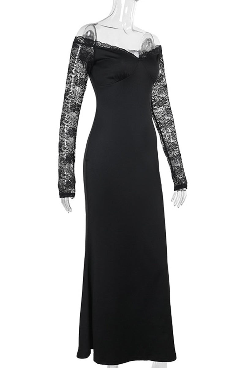 Elegantes vestidos largos con hombros descubiertos y espalda descubierta con patchwork de encaje