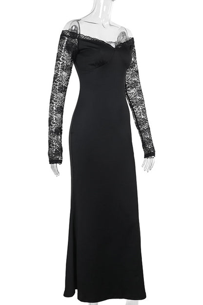 Elegantes vestidos largos con hombros descubiertos y espalda descubierta con patchwork de encaje