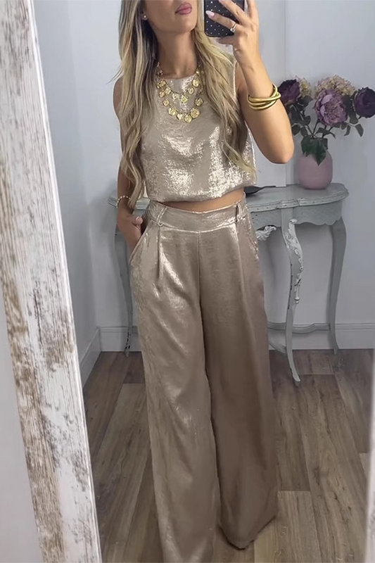Conjunto informal de dos piezas con cuello redondo, sin mangas, estampado bronceado, bolsillo y lentejuelas