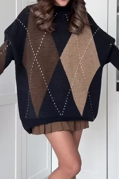 Suéteres casuales de cuello redondo con rombos y patchwork en contraste