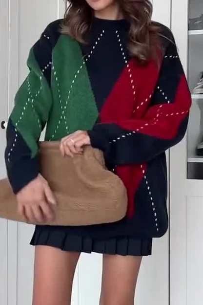 Suéteres casuales de cuello redondo con rombos y patchwork en contraste