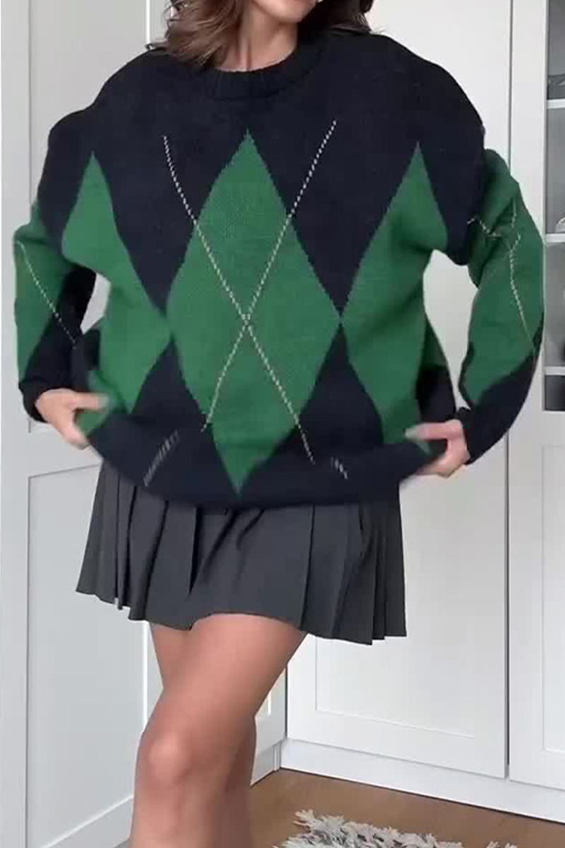 Suéteres casuales de cuello redondo con rombos y patchwork en contraste