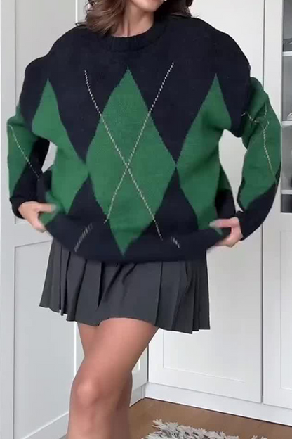 Suéteres casuales de cuello redondo con rombos y patchwork en contraste