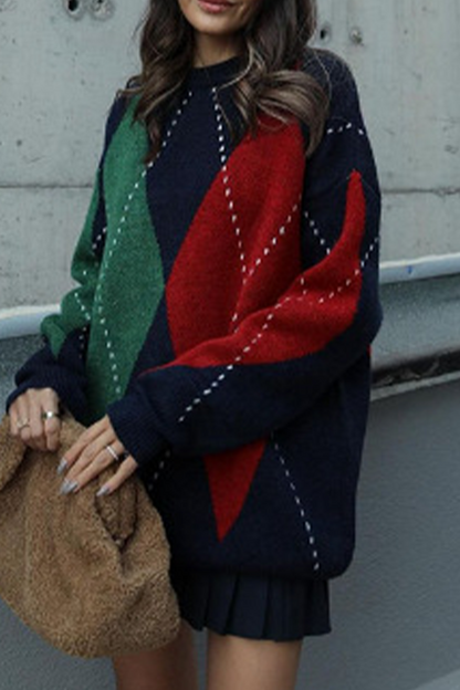 Suéteres casuales de cuello redondo con rombos y patchwork en contraste