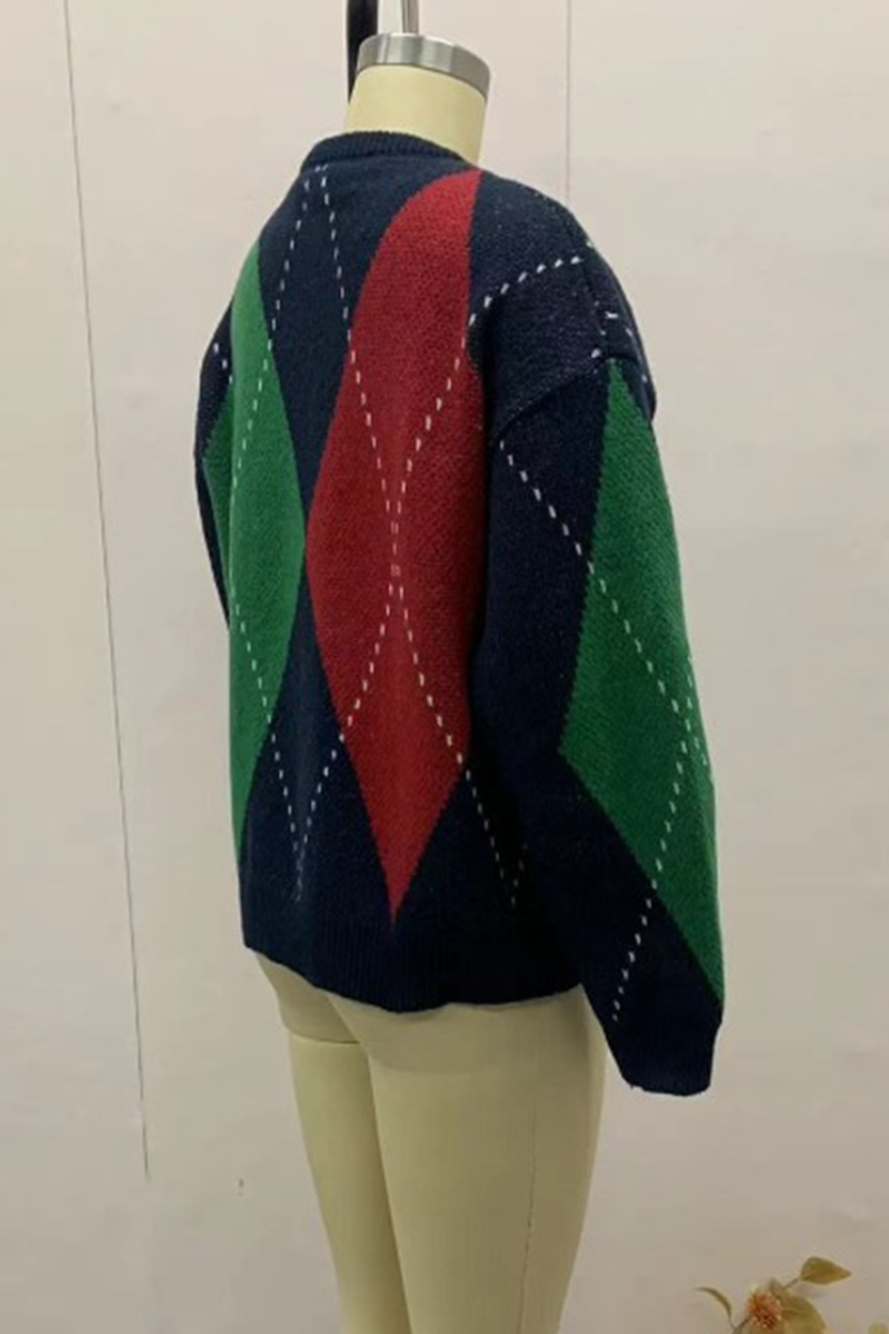Suéteres casuales de cuello redondo con rombos y patchwork en contraste