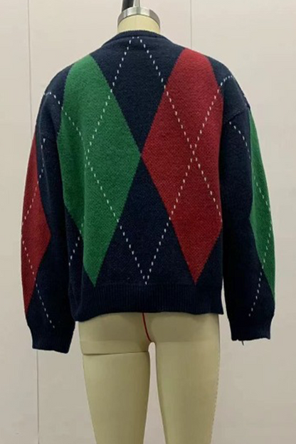 Suéteres casuales de cuello redondo con rombos y patchwork en contraste