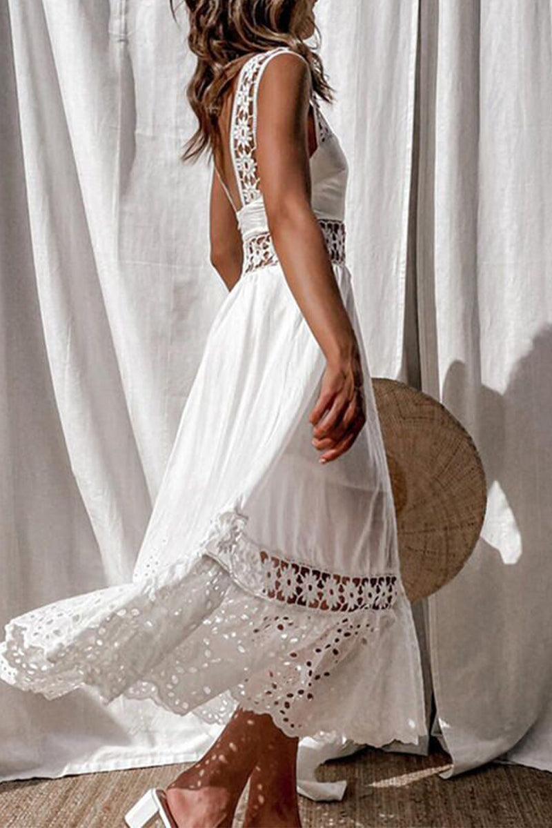 Vestidos casuales de diario con encaje y patchwork, cuello cuadrado y tirantes