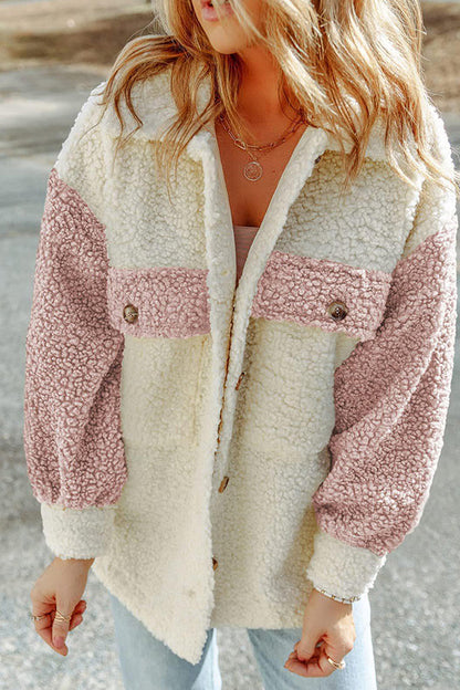 Abrigo de piel holgado con bloques de color y doble bolsillo de manga larga para otoño e invierno