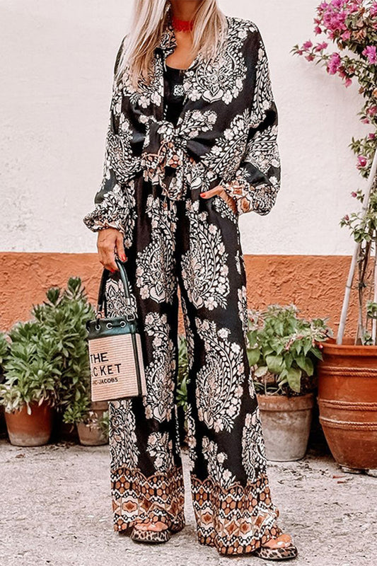 Conjunto informal de dos piezas con estampado floral, bolsillos, botones, cuello vuelto, manga larga